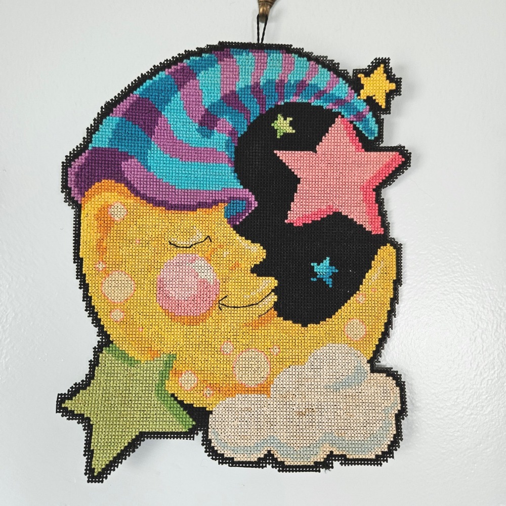 Vintage 90s Handcrafted Cross Stitch Moon and Stars Wall Hanging Celestial Decor